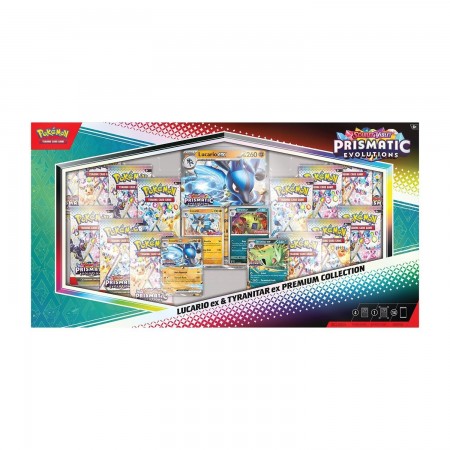 Pokemon Scarlet & Violet: Prismatic Evolutions Lucario ex & Tyranitar ex Premium Collection rinkinys